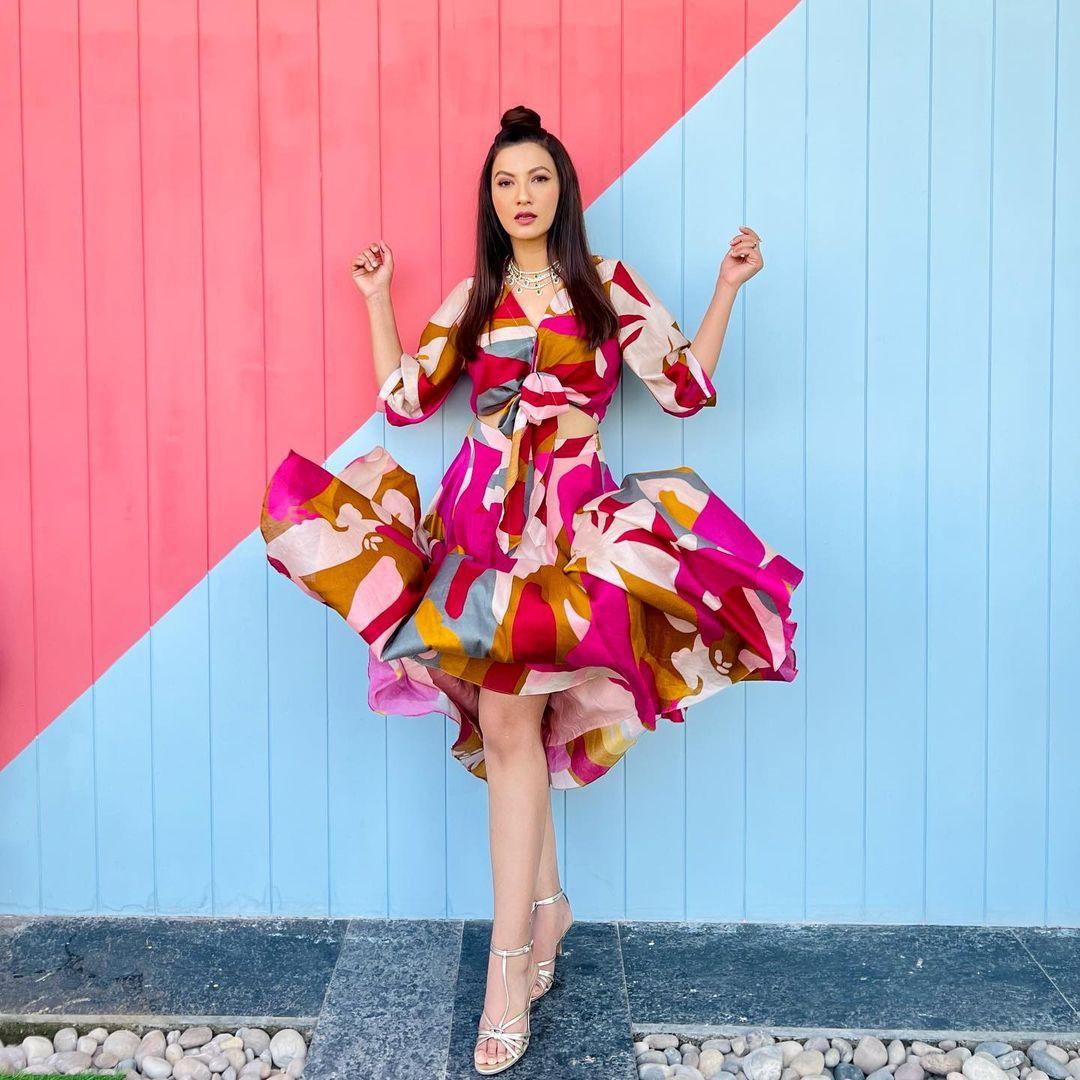 As we eagerly await the arrival of spring, Gauahar effortlessly embodies the spirit with her vibrant printed co-ord set by Twinkle Hanpal, presenting a truly captivating sight.
